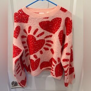 NWOT Luna Ivy Pink and Red Heart sequined Patterned Sweater -L